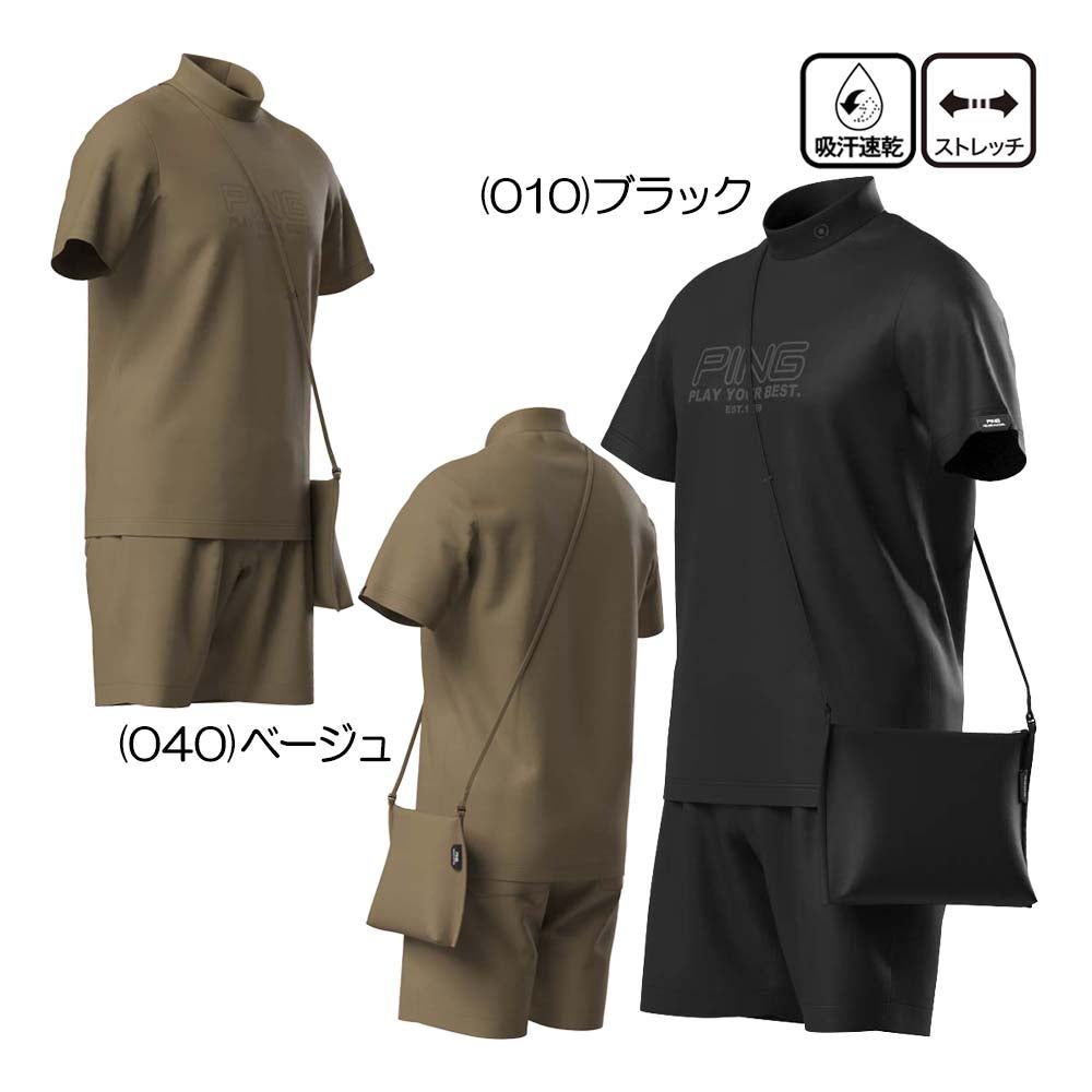 DESCENTE GOLF 半袖ハイネックシャツ&ショートパンツセット M ピン PING 全方向ストレッチドットメッシュ半袖ハイネックシャツ